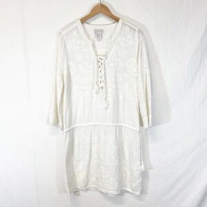 Soft Surroundings White/Cream Embroidered Swim Suit Cover Up Dress Cotto…
